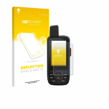 Face avant d’un emballage produit avec le logo de la marque upscreen. À côté, l’appareil Garmin GPSMAP 66i est représenté avec