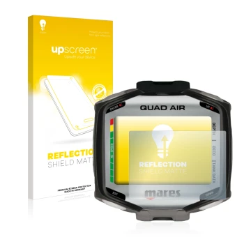 Face avant d’un emballage produit avec le logo de la marque upscreen. À côté, l’appareil Mares Quad Air est représenté avec la