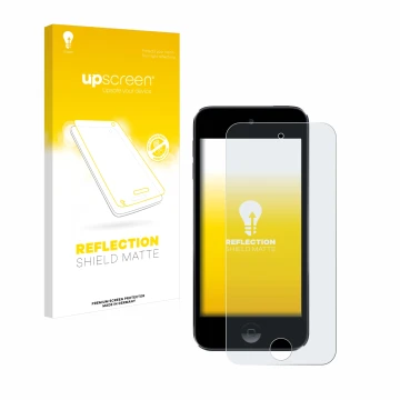 Face avant d’un emballage produit avec le logo de la marque upscreen. À côté, l’appareil Apple iPod Touch (7ème Gen.) est repr