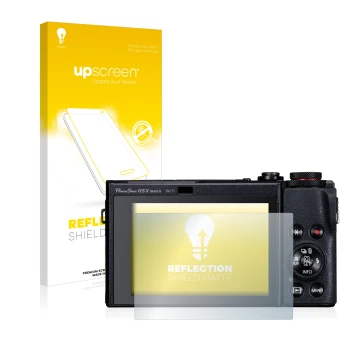 Face avant d’un emballage produit avec le logo de la marque upscreen. À côté, l’appareil Canon PowerShot G5 X Mark II est repr