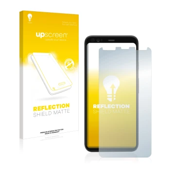 Face avant d’un emballage produit avec le logo de la marque upscreen. À côté, l’appareil Google Pixel 4 est représenté avec la