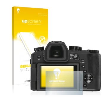 Face avant d’un emballage produit avec le logo de la marque upscreen. À côté, l’appareil Leica V-LUX 5 est représenté avec la 
