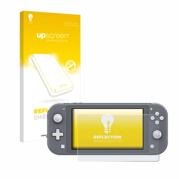 Face avant d’un emballage produit avec le logo de la marque upscreen. À côté, l’appareil Nintendo Switch Lite est représenté a
