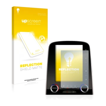 Face avant d’un emballage produit avec le logo de la marque upscreen. À côté, l’appareil Renault Scenic R-Link 2 8.7
