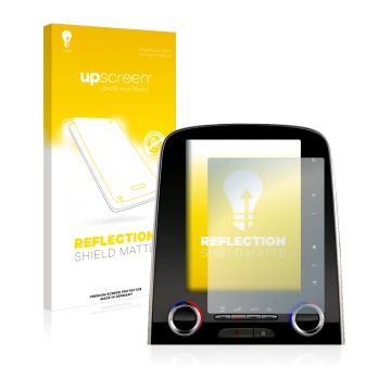 Face avant d’un emballage produit avec le logo de la marque upscreen. À côté, l’appareil Renault Espace R-Link 2 8.7