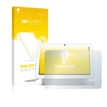 Face avant d’un emballage produit avec le logo de la marque upscreen. À côté, l’appareil Google Nest Hub Max est représenté av