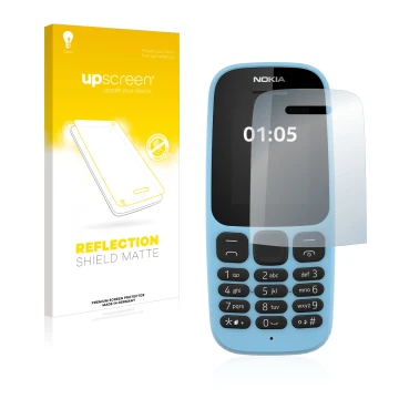 Face avant d’un emballage produit avec le logo de la marque upscreen. À côté, l’appareil Nokia 105 2019 est représenté avec la