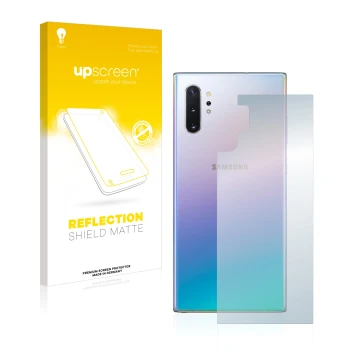 Face avant d’un emballage produit avec le logo de la marque upscreen. À côté, l’appareil Samsung Galaxy Note 10 Plus (Arrière)