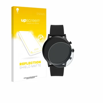 Face avant d’un emballage produit avec le logo de la marque upscreen. À côté, l’appareil Fossil The Carlyle HR (5.Gen) est rep