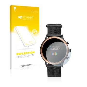 Face avant d’un emballage produit avec le logo de la marque upscreen. À côté, l’appareil Fossil Julianna HR (5.Gen) est représ