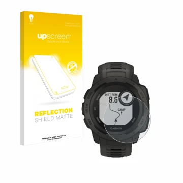 Face avant d’un emballage produit avec le logo de la marque upscreen. À côté, l’appareil Garmin Instinct Tactical Edition est 
