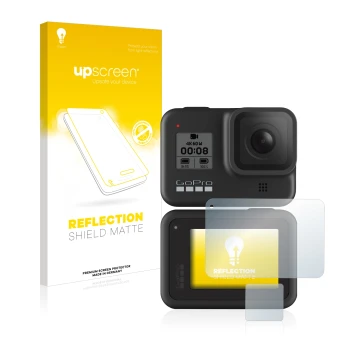 Face avant d’un emballage produit avec le logo de la marque upscreen. À côté, l’appareil GoPro Hero 8 Black est représenté ave