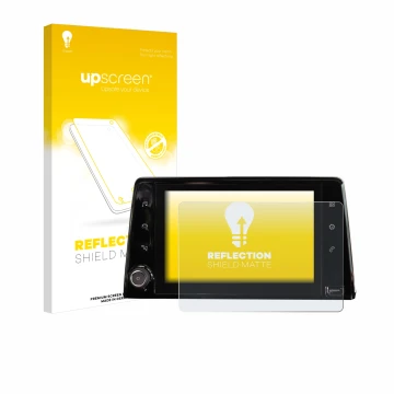Face avant d’un emballage produit avec le logo de la marque upscreen. À côté, l’appareil Peugeot Rifter 2019 Infotainment Syst