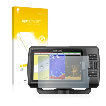 Face avant d’un emballage produit avec le logo de la marque upscreen. À côté, l’appareil Garmin Striker Plus 9sv est représent