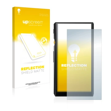 Face avant d’un emballage produit avec le logo de la marque upscreen. À côté, l’appareil FiiO M11 est représenté avec la prote