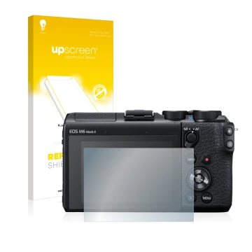 Face avant d’un emballage produit avec le logo de la marque upscreen. À côté, l’appareil Canon EOS M6 Mark II est représenté a
