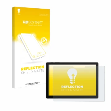 Face avant d’un emballage produit avec le logo de la marque upscreen. À côté, l’appareil Microsoft Surface Pro 7 est représent