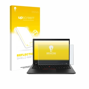 Face avant d’un emballage produit avec le logo de la marque upscreen. À côté, l’appareil Lenovo ThinkPad T490 Non-Touch est re