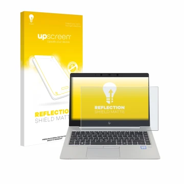 Face avant d’un emballage produit avec le logo de la marque upscreen. À côté, l’appareil HP EliteBook 840 G5 Non-Touch est rep