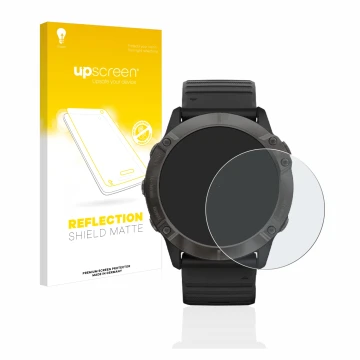 Face avant d’un emballage produit avec le logo de la marque upscreen. À côté, l’appareil Garmin Fenix 6X Pro est représenté av