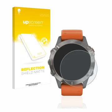 Face avant d’un emballage produit avec le logo de la marque upscreen. À côté, l’appareil Garmin Fenix 6 Pro est représenté ave