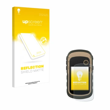 Face avant d’un emballage produit avec le logo de la marque upscreen. À côté, l’appareil Garmin eTrex 32x est représenté avec 