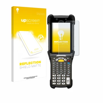 Face avant d’un emballage produit avec le logo de la marque upscreen. À côté, l’appareil Zebra MC9300 est représenté avec la p