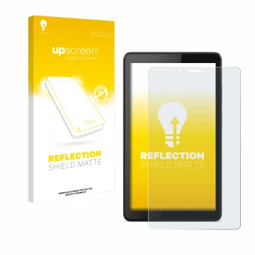 Face avant d’un emballage produit avec le logo de la marque upscreen. À côté, l’appareil Lenovo Tab M7 est représenté avec la 