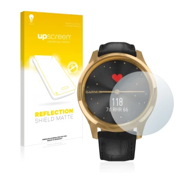 Face avant d’un emballage produit avec le logo de la marque upscreen. À côté, l’appareil Garmin vivomove Luxe (42 mm) est repr