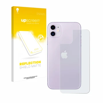 Face avant d’un emballage produit avec le logo de la marque upscreen. À côté, l’appareil Apple iPhone 11 (Arrière) est représe