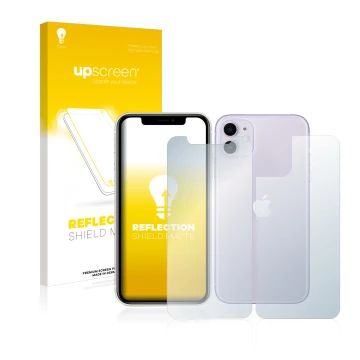 Face avant d’un emballage produit avec le logo de la marque upscreen. À côté, l’appareil Apple iPhone 11 (Avant+Arrière) est r