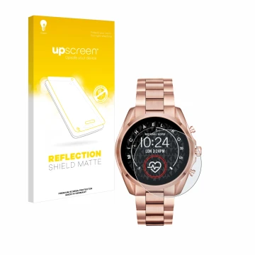 Face avant d’un emballage produit avec le logo de la marque upscreen. À côté, l’appareil Michael Kors Access Bradshaw 2 est re