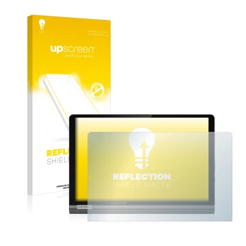 Face avant d’un emballage produit avec le logo de la marque upscreen. À côté, l’appareil Lenovo Yoga SmartTab est représenté a