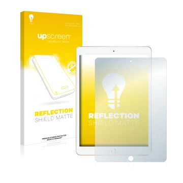 Face avant d’un emballage produit avec le logo de la marque upscreen. À côté, l’appareil Apple iPad 10.2