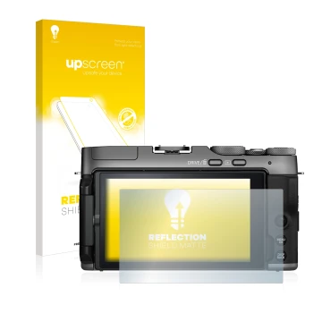 Face avant d’un emballage produit avec le logo de la marque upscreen. À côté, l’appareil Fujifilm X-A7 est représenté avec la 