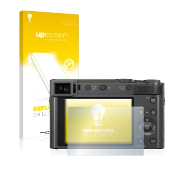 Face avant d’un emballage produit avec le logo de la marque upscreen. À côté, l’appareil Panasonic Lumix DC-TZ200 est représen