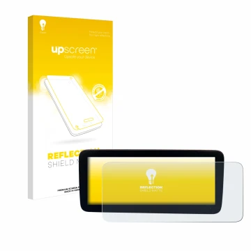 Face avant d’un emballage produit avec le logo de la marque upscreen. À côté, l’appareil Mercedes-Benz Actros 2019 Cockpit 12