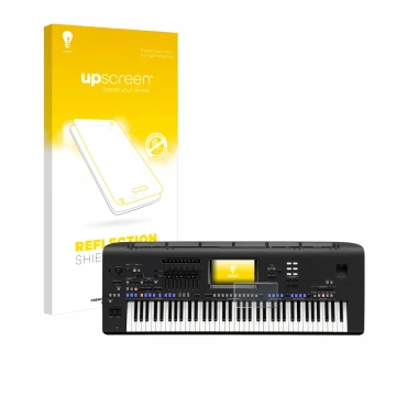 Face avant d’un emballage produit avec le logo de la marque upscreen. À côté, l’appareil Yamaha Genos est représenté avec la p