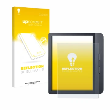 Face avant d’un emballage produit avec le logo de la marque upscreen. À côté, l’appareil Kobo Libra H2O est représenté avec la