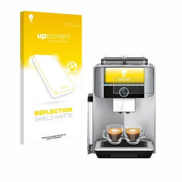 Face avant d’un emballage produit avec le logo de la marque upscreen. À côté, l’appareil Siemens EQ.9 plus connect s700 4,3
