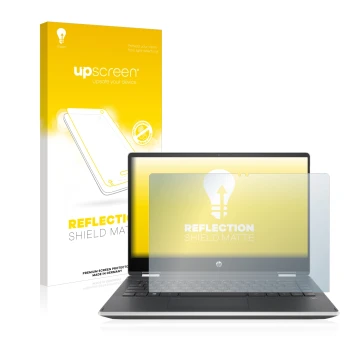 Face avant d’un emballage produit avec le logo de la marque upscreen. À côté, l’appareil HP Pavilion x360 (14-dhX) est représe