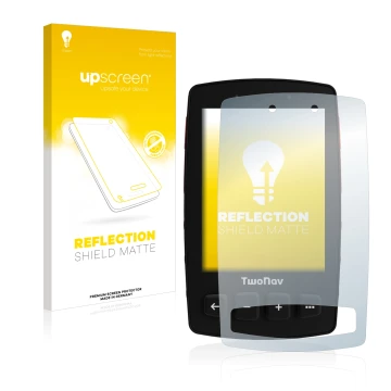 Face avant d’un emballage produit avec le logo de la marque upscreen. À côté, l’appareil TwoNav Trail 2 est représenté avec la