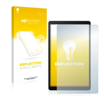 Face avant d’un emballage produit avec le logo de la marque upscreen. À côté, l’appareil Samsung Galaxy Tab A 10.1 LTE 2019 es