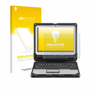 Face avant d’un emballage produit avec le logo de la marque upscreen. À côté, l’appareil Panasonic Toughbook CF-33 est représe