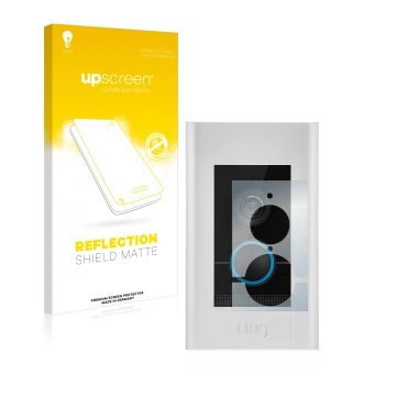 Face avant d’un emballage produit avec le logo de la marque upscreen. À côté, l’appareil Ring Video Doorbell Elite est représe