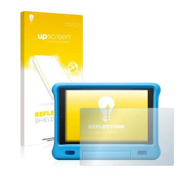 Face avant d’un emballage produit avec le logo de la marque upscreen. À côté, l’appareil Amazon Fire HD 10 Kids 2019 (9ème Gen