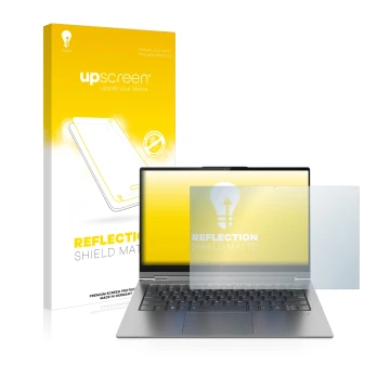 Face avant d’un emballage produit avec le logo de la marque upscreen. À côté, l’appareil Lenovo Yoga C940 14