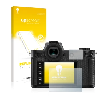 Face avant d’un emballage produit avec le logo de la marque upscreen. À côté, l’appareil Leica SL2 est représenté avec la prot