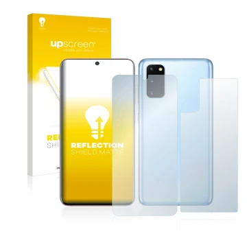 Face avant d’un emballage produit avec le logo de la marque upscreen. À côté, l’appareil Samsung Galaxy S20 (Avant+Arrière) es