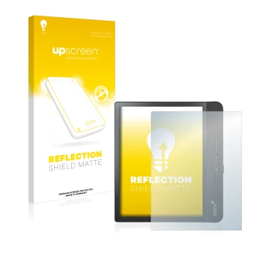 Face avant d’un emballage produit avec le logo de la marque upscreen. À côté, l’appareil Tolino Epos 2 est représenté avec la 